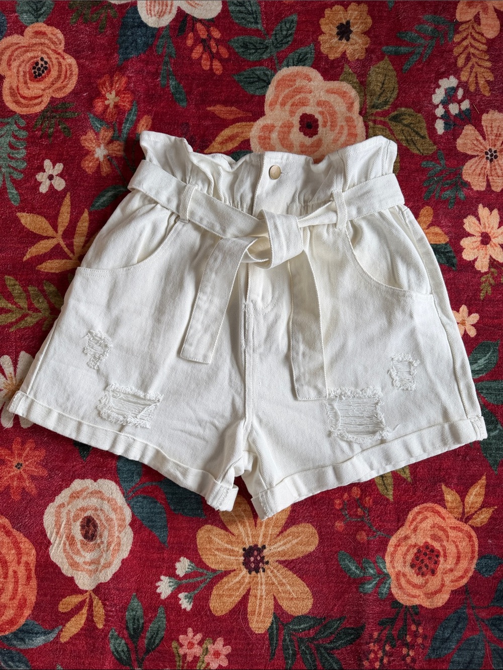 HYFVE White High-Waist Paperbag Tie-Belt Shorts
